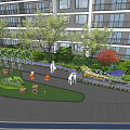 Residential Landscape with High Rise Building Green Lawn Arched Pergola Trees Flowers and People Walking