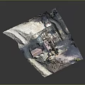 Cartoon Mining Scene In Rocky Terrain With Wooden Buildings Mining Equipment And Pine Trees