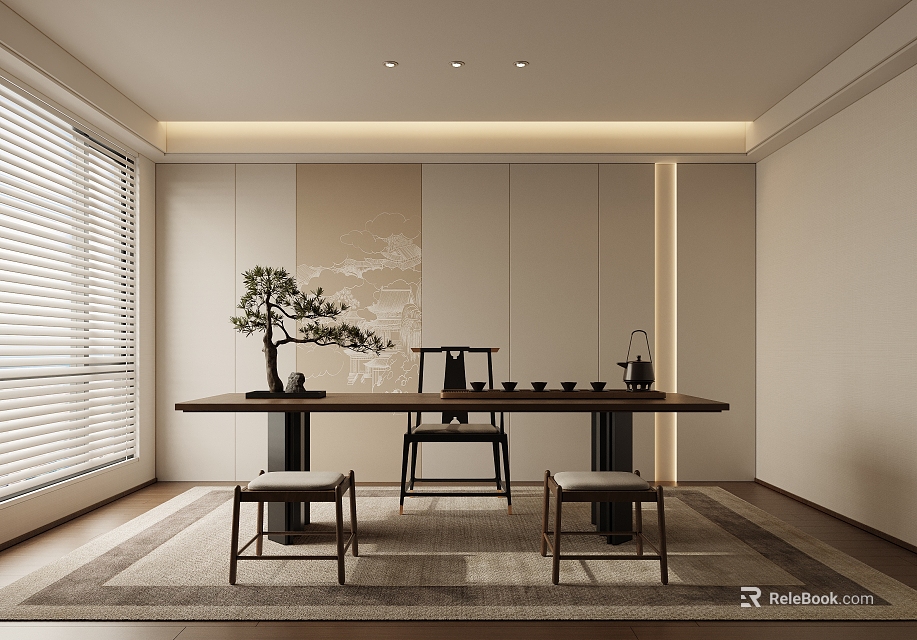 Traditional Tea Room Interior Design With Wooden Table Tea Set And Potted Plant 3d model 