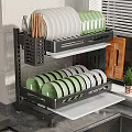 Kitchenware Double Layer Dish Rack with Black Frame Green Plates Bowls on Kitchen Countertop 3d model