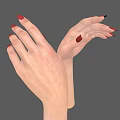 Human Hands With Red Nail Polish Fingers Spread Palm Up And Left On Gray Background