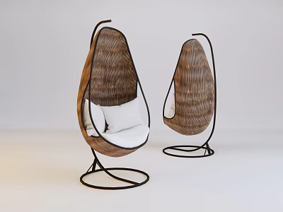 Set of Two Modern Wicker Hanging Chairs with Black Metal Frames and White Cushions 3d model