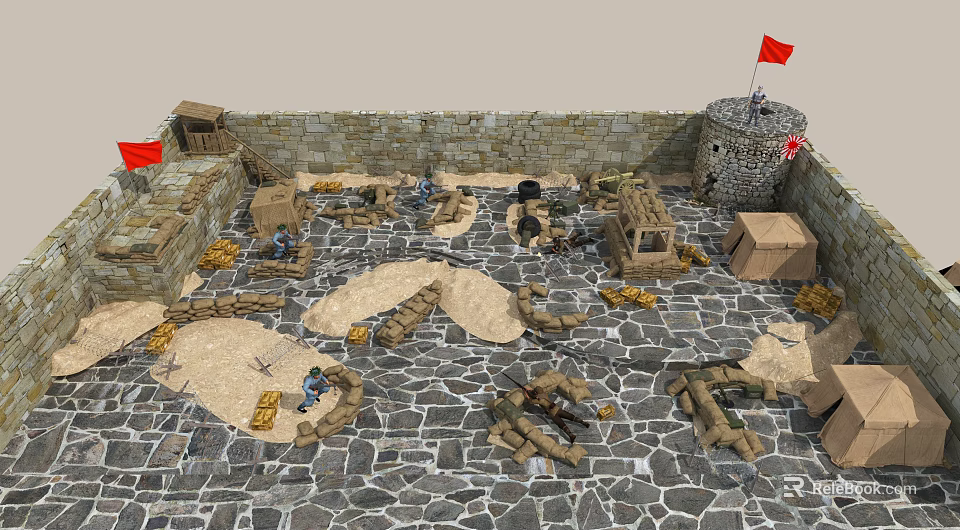 Cartoon Scene of Castle Courtyard With Stone Walls Tower Red Flag Barrels Boxes and Soldiers 3d model 