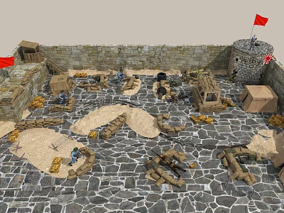 Cartoon Scene of Castle Courtyard With Stone Walls Tower Red Flag Barrels Boxes and Soldiers 3d model