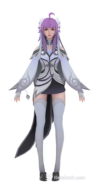 Game Movie Character In Gray White Ornate Sleeves Thigh High Socks Flowing Design 3d model 