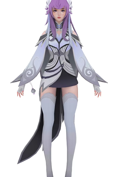 Game Movie Character In Gray White Ornate Sleeves Thigh High Socks Flowing Design 3d model