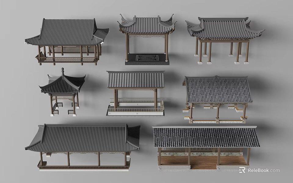 Traditional Chinese Pavilion Structures With Wooden Roof And Architectural Elements 3d model 