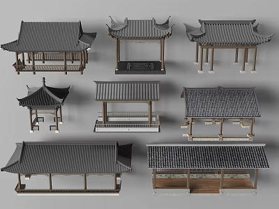Traditional Chinese Pavilion Structures With Wooden Roof And Architectural Elements 3d model