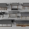 Traditional Chinese Pavilion Structures With Wooden Roof And Architectural Elements