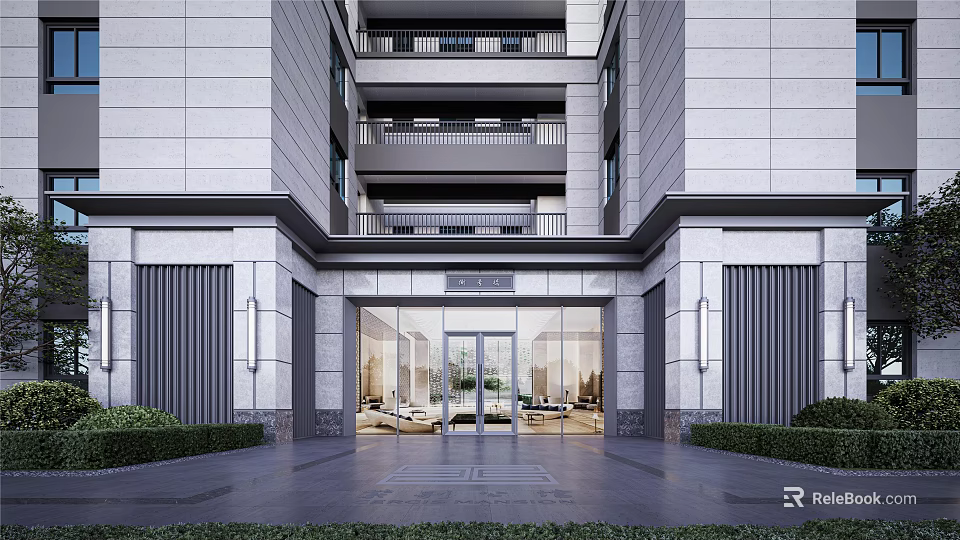 Modern Gray Multi story Building Front Entrance Featuring Glass Door Balconies Greenery And Steps 3d model 