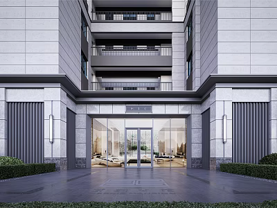 Modern Gray Multi story Building Front Entrance Featuring Glass Door Balconies Greenery And Steps 3d model