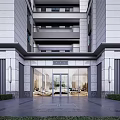 Modern Gray Multi story Building Front Entrance Featuring Glass Door Balconies Greenery And Steps