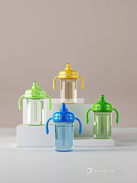 Colorful Transparent Sippy Cups With Handles And Straw Lids In Different Colors For Kids 3d model 