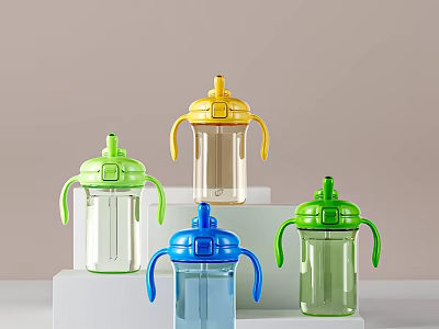 Colorful Transparent Sippy Cups With Handles And Straw Lids In Different Colors For Kids 3d model