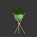 Green Plant with Long Leaves in Green Mosaic Pot on Wooden Tripod Stand