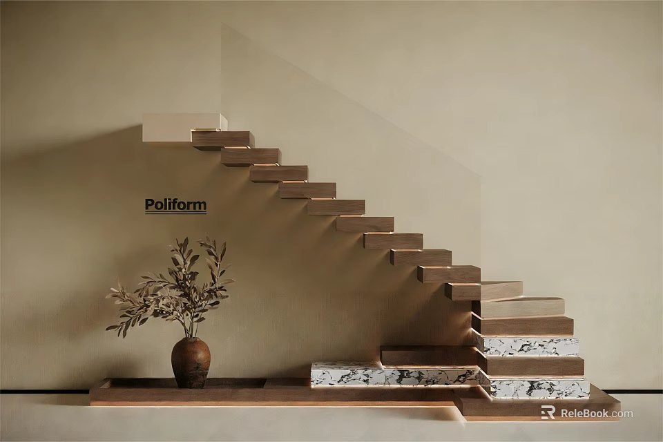 Poliform Modern Floating Staircase With Marble Steps And Plant Vase Interior 3d model 