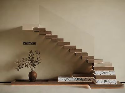 Poliform Modern Floating Staircase With Marble Steps And Plant Vase Interior 3d model