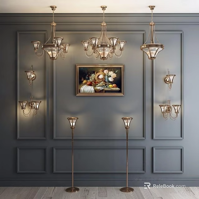 Elegant Lighting Fixture Combination With Chandeliers Wall Sconces And Floor Lamps On Gray Wall 3d model 