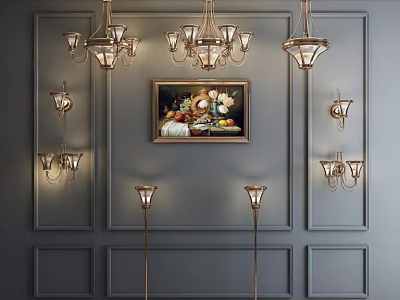 Elegant Lighting Fixture Combination With Chandeliers Wall Sconces And Floor Lamps On Gray Wall 3d model