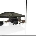 Modern Military Tent Shelter With Cargo Trucks And Wooden Crates