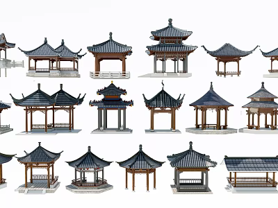 Traditional Chinese Pavilions With Various Architectural Designs And Classic Roof Styles 3d model