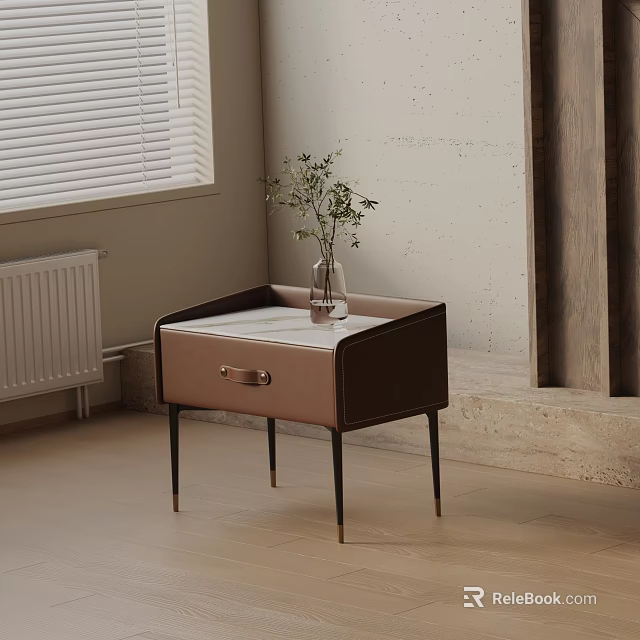 Modern Brown Nightstand With Marble Top Drawer And Vase Plant In Bedroom Interior 3d model 
