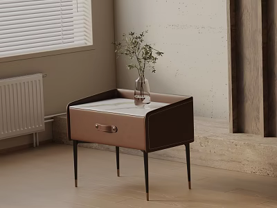Modern Brown Nightstand With Marble Top Drawer And Vase Plant In Bedroom Interior 3d model