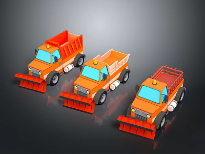 Three Orange Functional Utility Trucks With Snow Plows And Dump Beds 3d model
