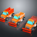 Three Orange Functional Utility Trucks With Snow Plows And Dump Beds 3d model