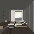 Minimalist Tatami Bedroom Interior With White Bedding Wooden Desk White Wardrobes And Curtains