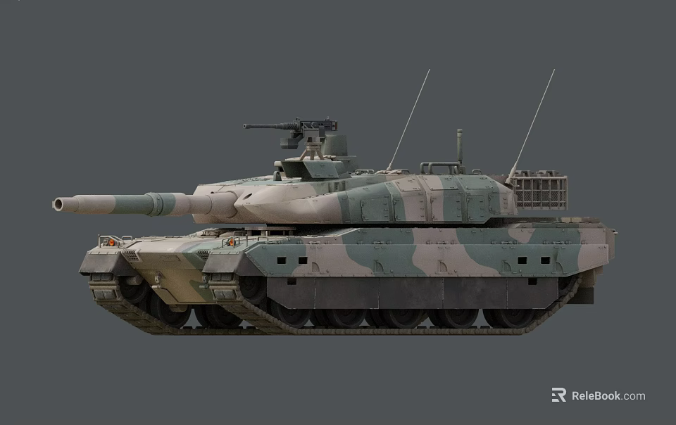 Modern Military Tank With Camouflage Turret Main Gun Barrel Tracks And Antennas 3d model 
