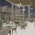 Commercial Street Interior With Two Floors Brick Walls Chandeliers Arched Doorways And Tables