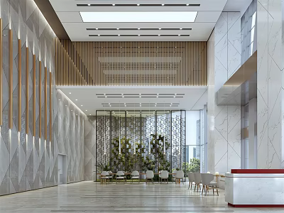 Elegant Front Desk Reception In Modern Lobby With Marble Walls Wooden Lattice And Green Plants 3d model