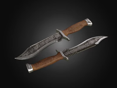 Traditional Engraved Knives With Wooden Handles And Metal Parts On Black Background 3d model
