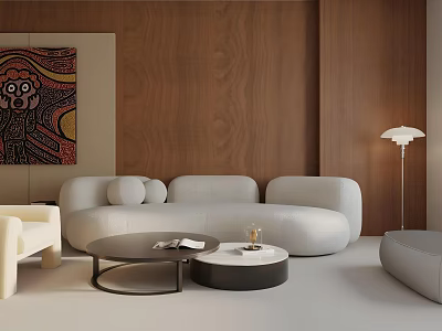Elegant Living Room with Wooden Walls White Sofa Abstract Painting Round Coffee Tables Floor Lamp 3d model