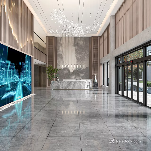 Modern Lobby Reception Desk With Marble Top Chandelier Large Windows And Elegant Design 3d model 