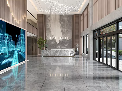 Modern Lobby Reception Desk With Marble Top Chandelier Large Windows And Elegant Design 3d model