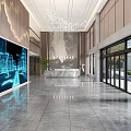 Modern Lobby Reception Desk With Marble Top Chandelier Large Windows And Elegant Design
