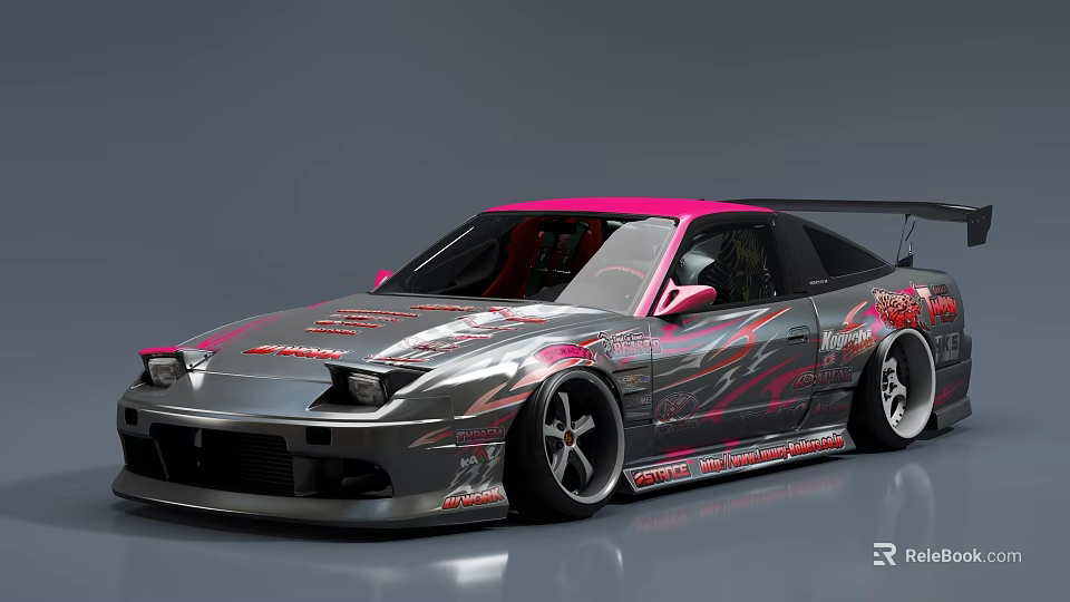 Modified Silver Sports Car With Pink Accents Rear Spoiler And Wide Body Kit 3d model 
