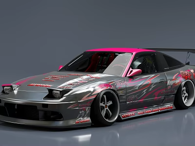 Modified Silver Sports Car With Pink Accents Rear Spoiler And Wide Body Kit 3d model