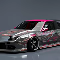 Modified Silver Sports Car With Pink Accents Rear Spoiler And Wide Body Kit
