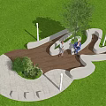 Modern Curved Outdoor Chair In Grass With Trees And People Sitting On Wooden Stone Pavement
