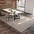 Stylish Dining Table Set with White Tabletop Black Legs Grey Chairs and Wooden Wall Decor