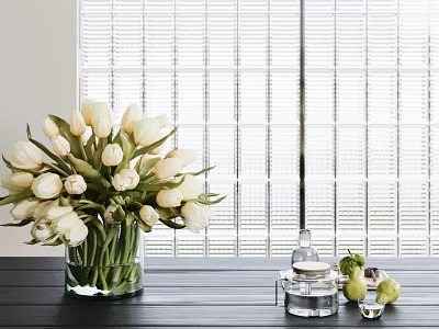 Glass Vase With White Tulips On Table Near Window Blinds And Green Fruits 3d model