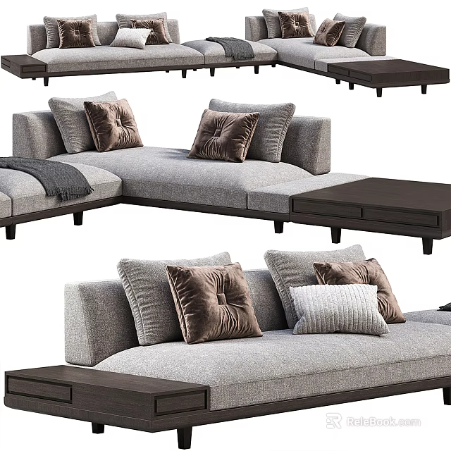 Modern Gray Fabric Sectional Sofa With Brown Velvet White Cushions And Wooden Coffee Tables 3d model 