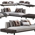 Modern Gray Fabric Sectional Sofa With Brown Velvet White Cushions And Wooden Coffee Tables