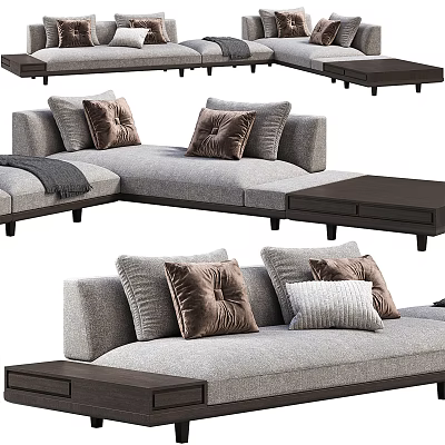 Modern Gray Fabric Sectional Sofa With Brown Velvet White Cushions And Wooden Coffee Tables 3d model