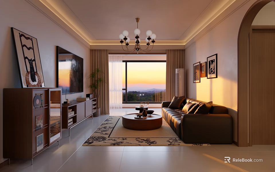 Modern Cozy Living And Dining Room With Soft Leather Sofa And Beautiful Panoramic Sunset View 3d model 