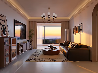 Modern Cozy Living And Dining Room With Soft Leather Sofa And Beautiful Panoramic Sunset View 3d model