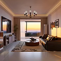 Modern Cozy Living And Dining Room With Soft Leather Sofa And Beautiful Panoramic Sunset View